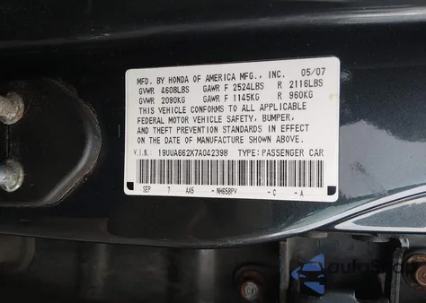 2007 Acura Tl 3.2 z USA, uszkodzony, nr VIN 19UUA662X7A042398